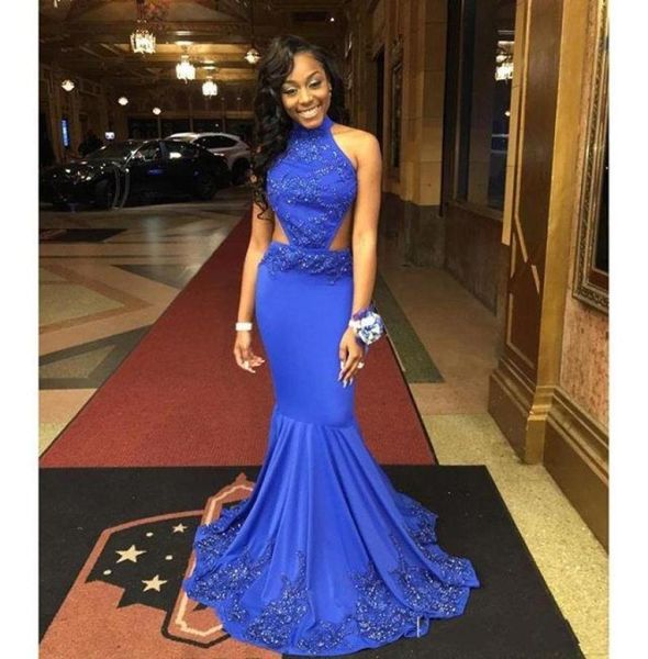 

luxury mermaid prom dresses 2016 sweep train halter satin ruffle backless girl party evening gowns applique sequins vestidos 7602125, Black