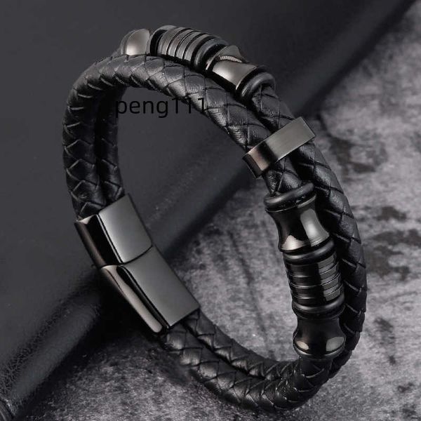 

quality pvd premium black genuine leather men bracelet wholesale for steel hardware bangle jewelry 19cm 21cm, Silver