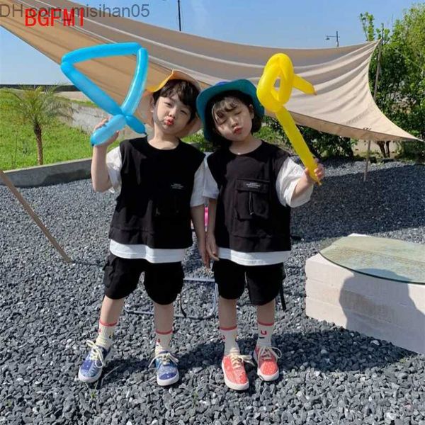 

clothing sets clothing sets kids 90 cotton set summer teenager boys girls fake two short sleeved t shirts multi pocket five point shorts set, White
