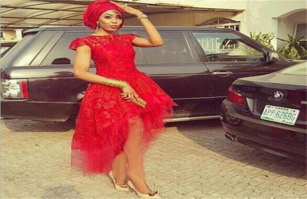 

red lace high low prom dresses south african cap sleeve short evening gowns lace and tulle formal party dress black women vestidos2917612