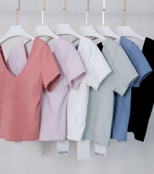 

-008 align women's yoga short sleeve solid color nude sports shaping waist tight fitness v short sleeve jogging sports wear women'