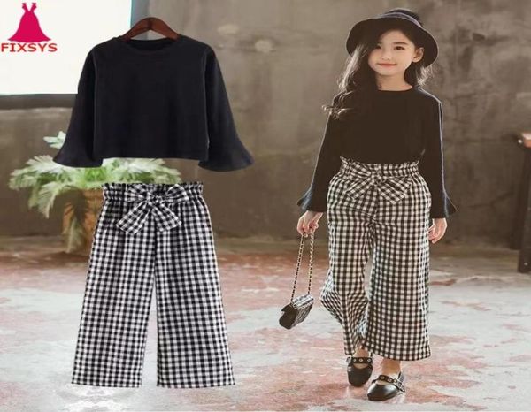 

2020 kids girls clothes sets long sleeve tshirts plaid wide leg pants autumn children039s clothing teenage for 7 8 10 12 yea2958242, White