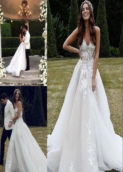 

modern boho princess lace wedding gown sweetheart neckline tulle appliques beads sweep train a line country beach wedding dress6345112, White