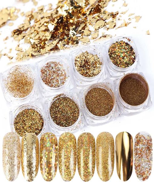 

8 boxset mirror nail art glitter powder dust holographic gold foil flakes circle sequin manicure nails decoration1300921, Silver;gold