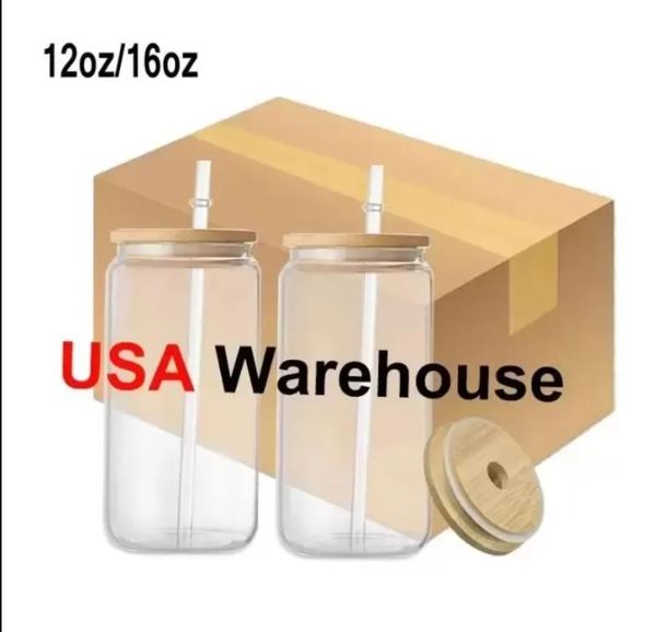 

us stock 16oz sublimation glass can glasses beer glass tumbler frosted drinking with bamboo lid and reusable straw 50pcs/catn