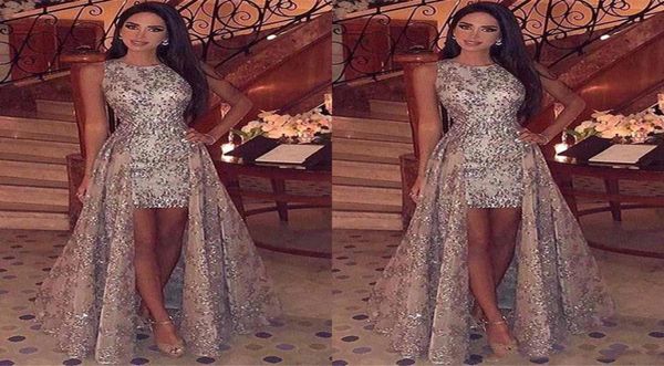 

sparkly sequins sheath short prom dresses 2019 jewel neck sleeveless formal party evening gowns with detachable overskirts9101524, Black