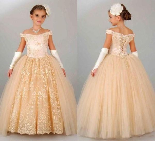 

champagne lace ball gown girl pageant dresses 2019 off shoulder applique floor length kid formal communion gowns beauty7334204, White;red