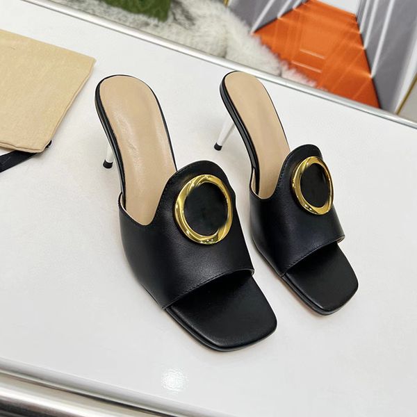 

2023 fashion high heel slippers genuine leather women's summer luxury slim heel slippers women's beach sandals party wedding slipp, Black