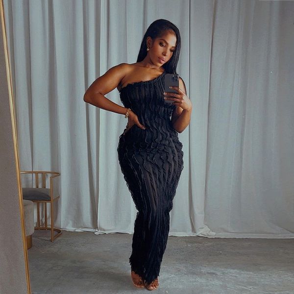

basic casual dresses diagonal neck ruffles backless black bodycon maxi dres summer 2023 elegant sleeveless high waist club partywear 230701, Black;gray
