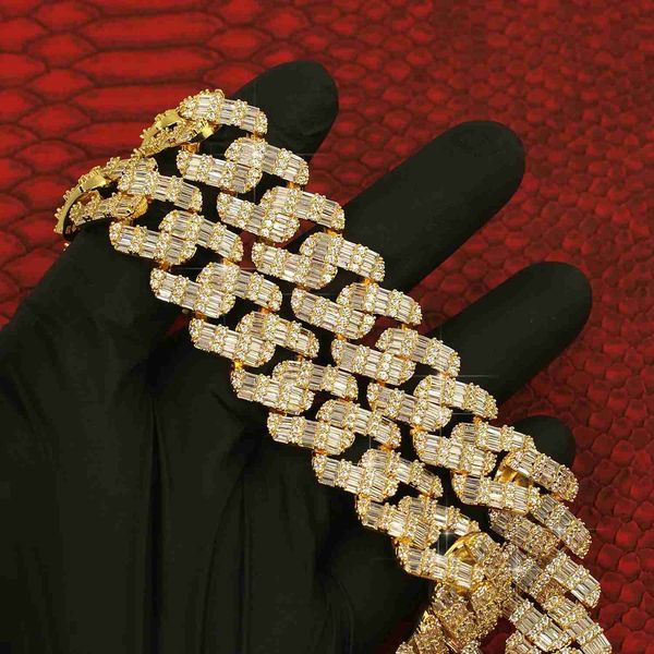 

luxury iced out men jewelry 925 silver with 14k gold plated necklace 15mm vvs1 diamond moissanite baguette cut cuban link chain