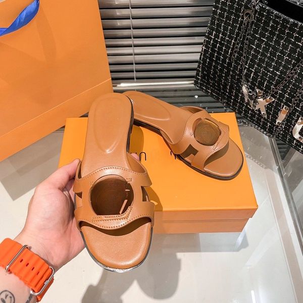 

designer sandals slippers summer new genuine leather flat bottom hollow out slippers women's casual fashion open toe flip flop print sa, Black