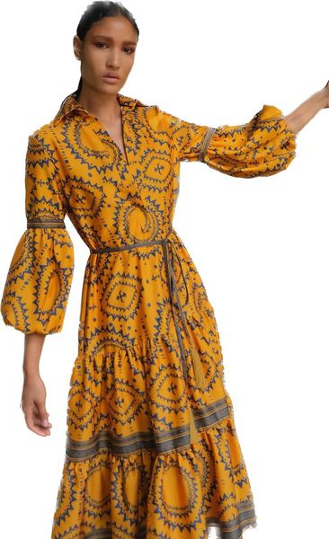 

designer apparel women's clothing early autumn new v-neck panel bubble sleeve positioning print large hemline retro style long dress wi, White;black