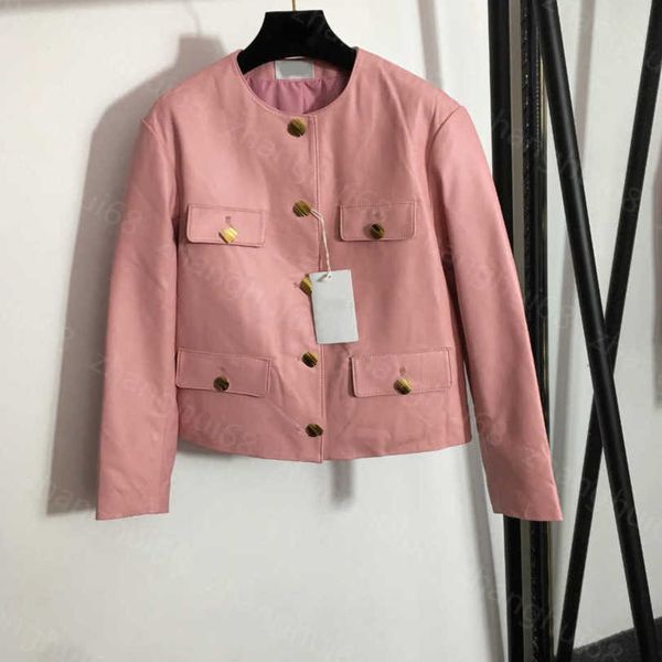

23ss women leather jacket womens designer clothing four-pocket round collar long sleeve coat 100% imported sheep leather leather coat women, Black