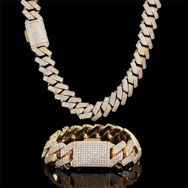 

18mm three row zircon rhombus cuban chain chunky hip hop men's necklace bracelet wholesale, Silver