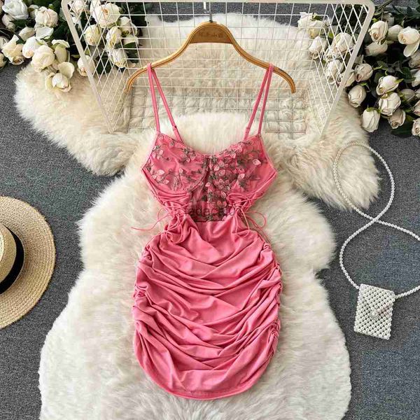 

spaghetti strap vestido for women sweet mesh patchwork see through femme dress summer french chic pleated tight woman dresses l230621, Black;gray