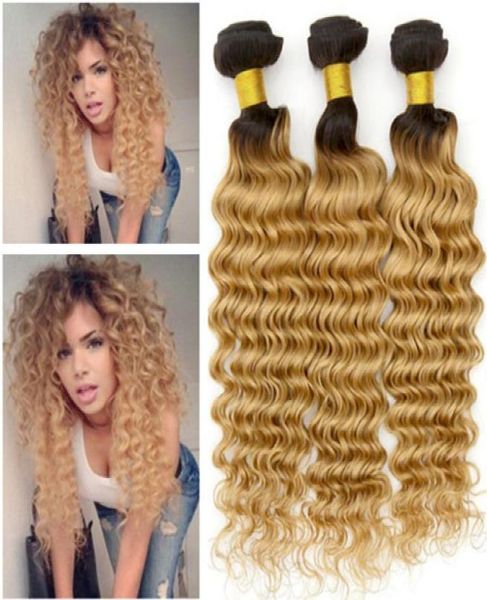 

1b27 honey blonde ombre brazilian human hair weave bundles 3pcs lot deep wave wavy strawberry blonde virgin human hair weft exte5072065, Black