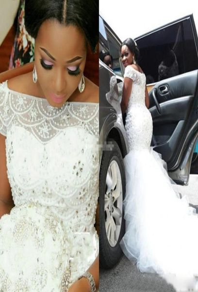 

plus size arabic nigerian wedding dresses beading tiered short sleeves long chapel train tulle mermaid bridal gowns vestido de noi2293255, White