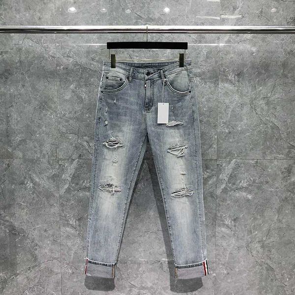 

men's jeans tb thom men jeans luxury brand high waisted denim pants scratched distressed run away korean jeans for male, Blue
