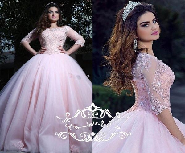 

modest pink ball gown quinceanera dresses bateau neck 34 long sleeves appliques lace tulle corset lace up sweet 16 dresses prom d5249093, Blue;red