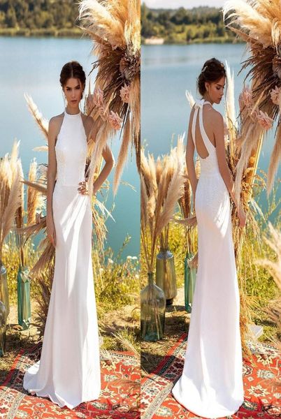

new fashion mermaid wedding dresses halter neck appliques satin beach bridal gowns open back sweep train wedding dress custom robe2833087, White