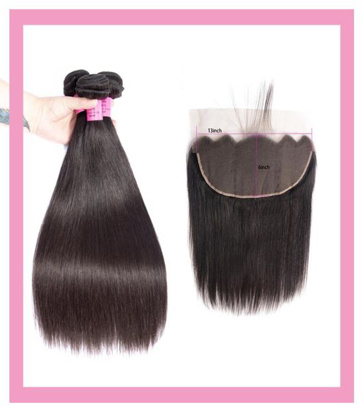 

malaysian human hair 3 bundles with 13x6 lacec frontal pre plucked straight virgin hair wefts with 13x6 lace closure with baby hai9019991, Black;brown