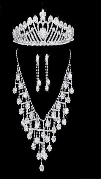 

rhinestone flowers bridal jewelry sets crown earrings neckline 3 pieces tiaras for wedding hair accessories4869295, White