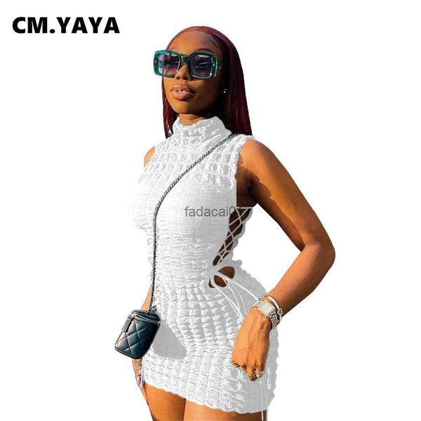 

cmyaya lace up side hollow out seersucker sleeveless turtleneck bodycon midi dress for women 2022 summer chic ins dresses l230621, Black;gray