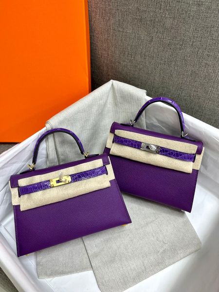 

19.5cm mini totes bag fully handmade quality grey color designer handbags italy epsom leather crocodile skin wax line stitching fast deliver
