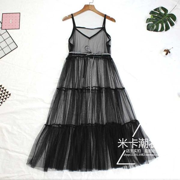 

women summer mesh dress ladies casual elegant beach lace patchwork loose transparent spaghetti strap black white dress 442 l230621, Black;gray