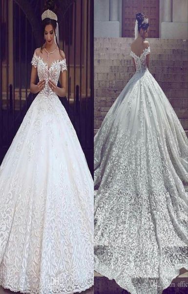 

2023 new vintage lace a line wedding dresses off the shoulder short sleeves applique sweep train bridal gowns custom made1903440, White