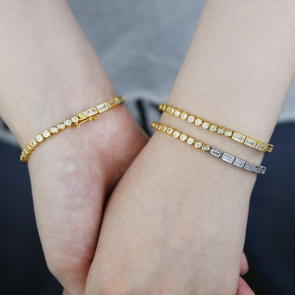 

colorful new design luxury rainbow tennis bracelet women men iced out bling cubic zirconia couple jewelry gift, Golden;silver