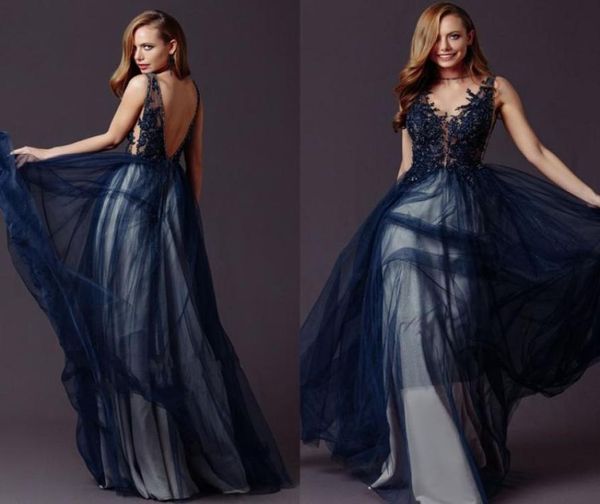 

elegant navy blue prom dresses with pearl lace v neck spaghetti strap backless tulle formal party gown evening dress custom made v6880461, Black