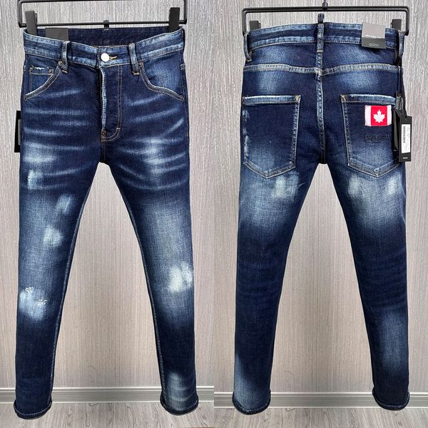 

classic whisker damaged jeans man slim fit simply style, Blue