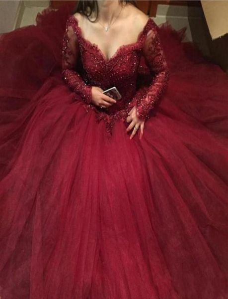 

2022 burgundy ball gown quinceanera dresses off shoulder long sleeves lace appliques beaded 16 puffy tulle plus size prom eve5168465, Blue;red