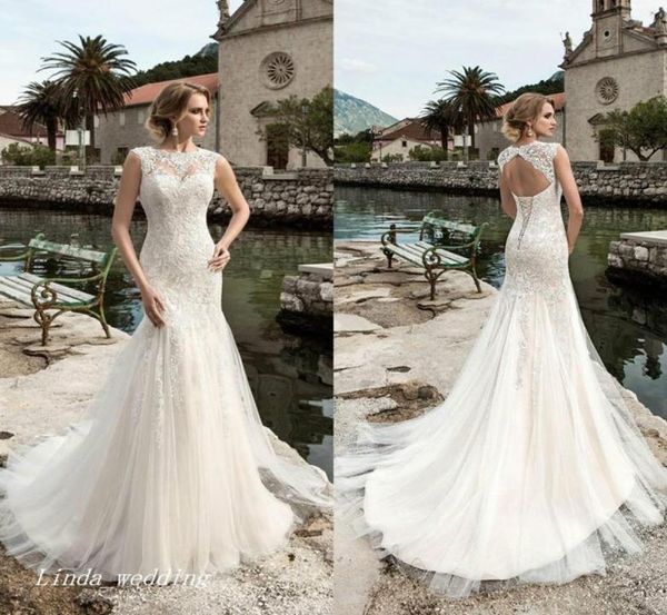

vintage mermaid backless lace wedding dress sleeveless long crew neck corset back bridal gown plus size custom made vestido 5218600, White