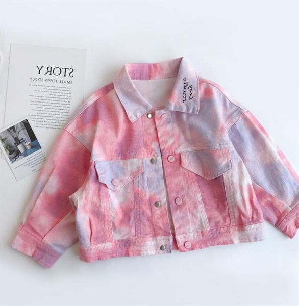 

2020 new girls denim jacket kids lapel singlebreasted denim jackets children embroidery tie dye casual cowboy outwear a45249973714, Blue;gray