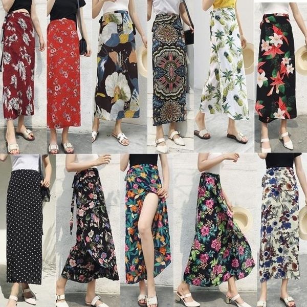 

skirt floral print chiffon long skirt summer stylish midiskirt lace up wrap holiday suntan beach 230701, Black