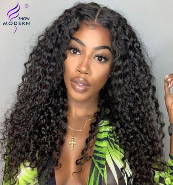 

modern show hd transparent lace front wig brazilian curly wave human hair wigs for women pre plucked t part lace front wig remy4085350, Black;brown