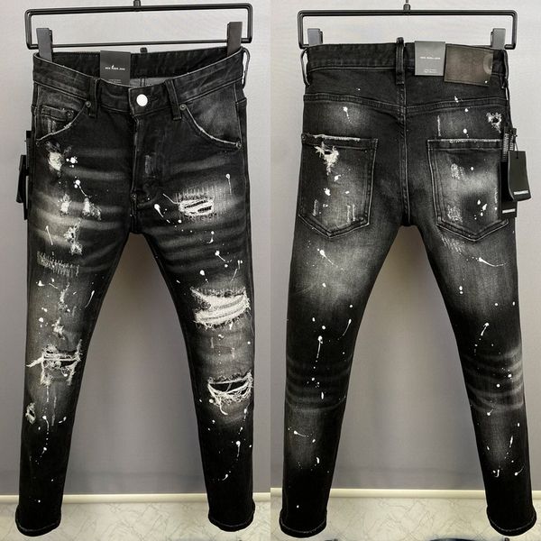 

black biker jeans man slim fit distressed painted effect, Blue