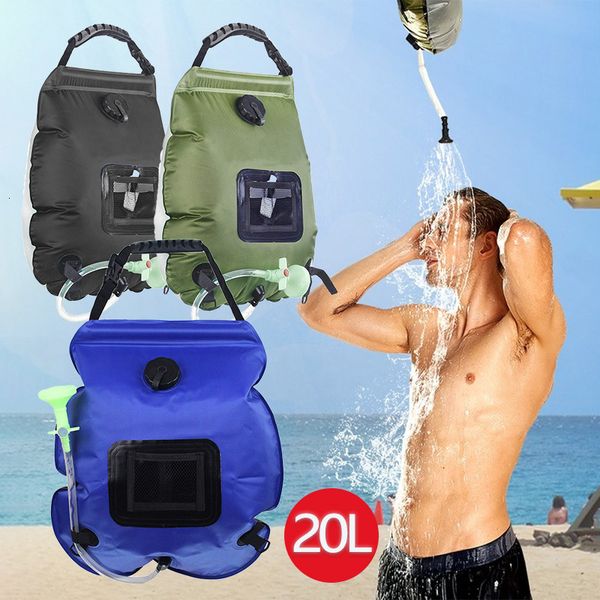 

beach accessories 20l portable outdoor solar shower bag heating foldable hiking water bags camping equipment head switchable 230701