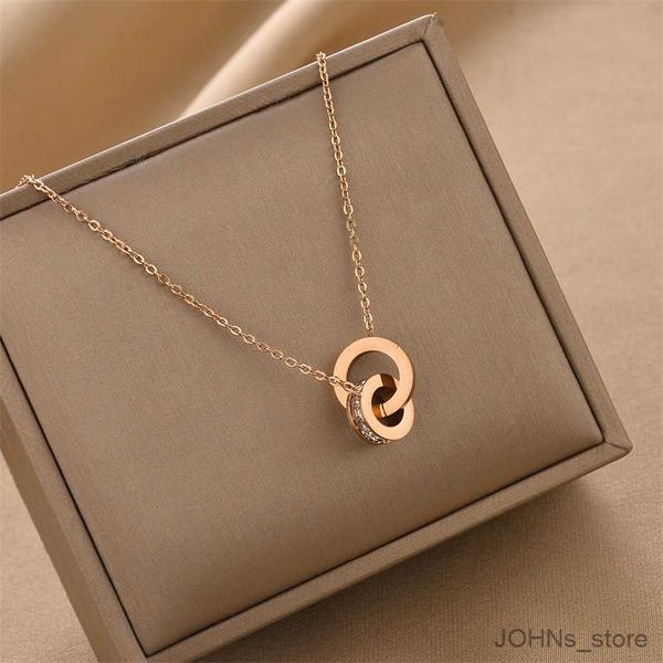 

pendant new stainless steel chain necklace for women jewelry trendy cubic ring round pendant necklace r230703, Silver
