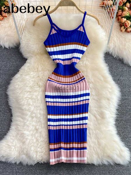 

summer sling knitted dress rainbow colored striped slim fit ladies stretchy summer knitting vestidos pullovers l230621, Black;gray