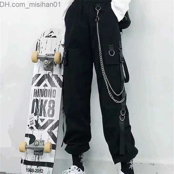 

women's pants capris women cargo pants harem pants fashion punk pockets jogger trousers with chain harajuku elastics high waist streetw, Black;white