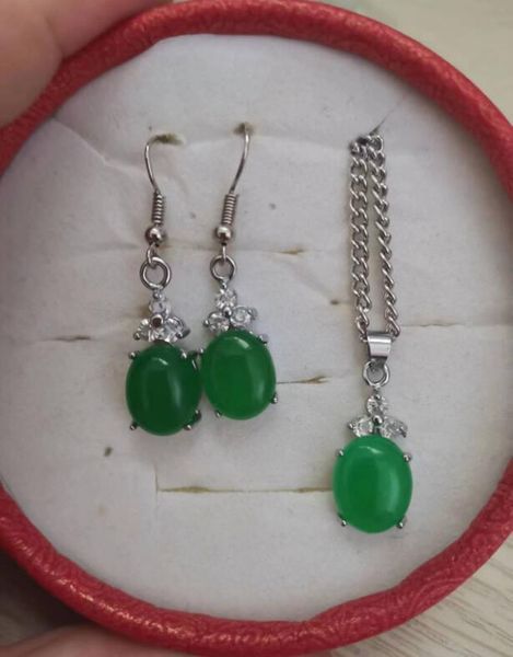 

ellipse green malay jade 925 silver pendant necklace earrings set 2 piece jewelry set