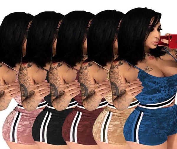 

women bras set summer sport wear yoga suit fitness shorts gym crop vest pants fashion gold velvet running underwear sets joggi7346474, Black;red