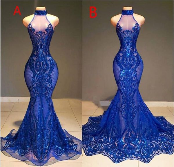 

2020 royal blue mermaid prom dresses see through sparkly sequins deep v neck halter african formal evening party gowns7287483, Black