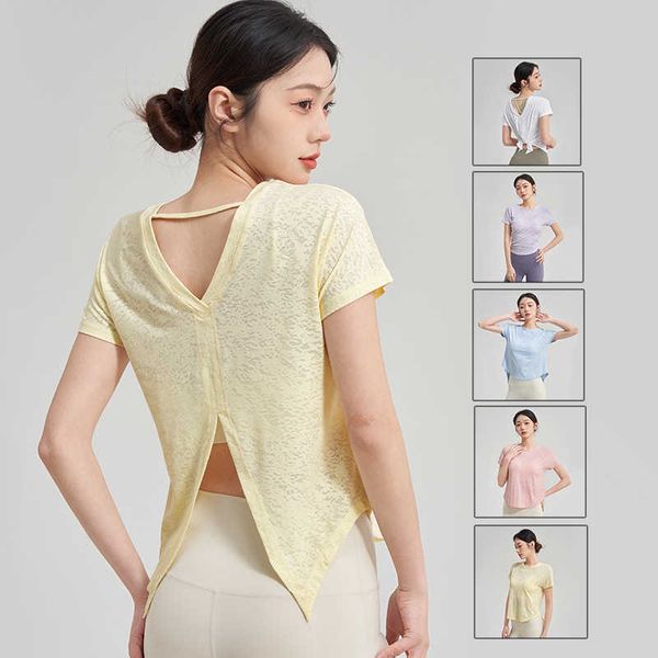 

summer new short sleeve yoga suit t-shirt women's loose sports fitness suit fashion back cover up, White;red