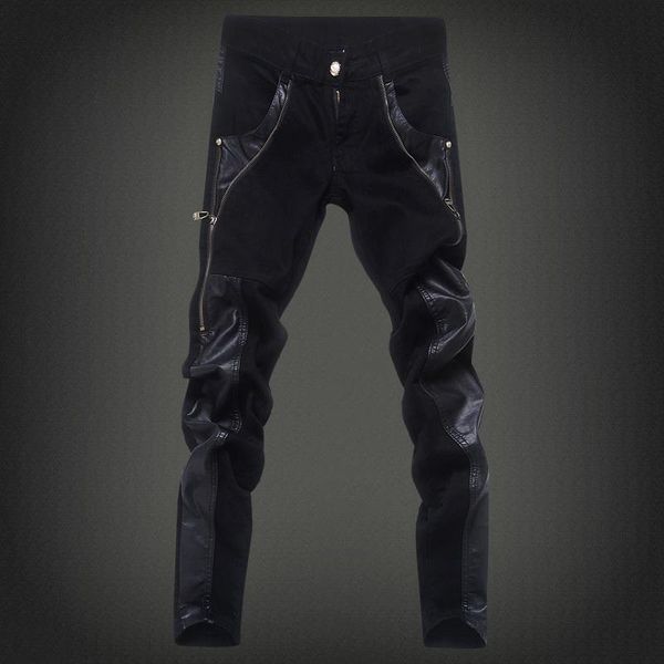 

pants fashion designer men's black zipper motorcycle leather pants korean slim skinny splice leather pants fashion men's denim pan