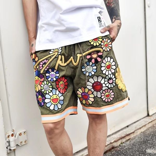 

men's shorts japanese style embroidered for men fashion sunflower printed women summer causal anime beach y2k 230703, White;black