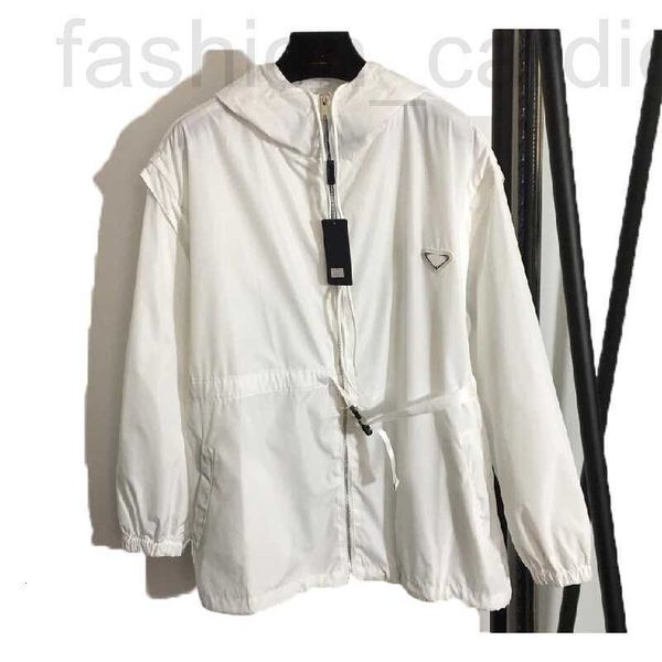 

women's trench coats designer 23ss designer womens windbreaker triangle drawcord waist long sleeved hoodie zipper loose elegant women, Tan;black